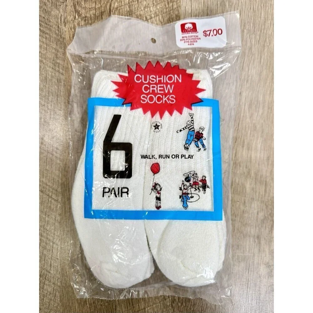Vintage 6 Pack Cotton Blend Socks Youth/Kids 4-6.5 White Crew Cushion USA NEW
